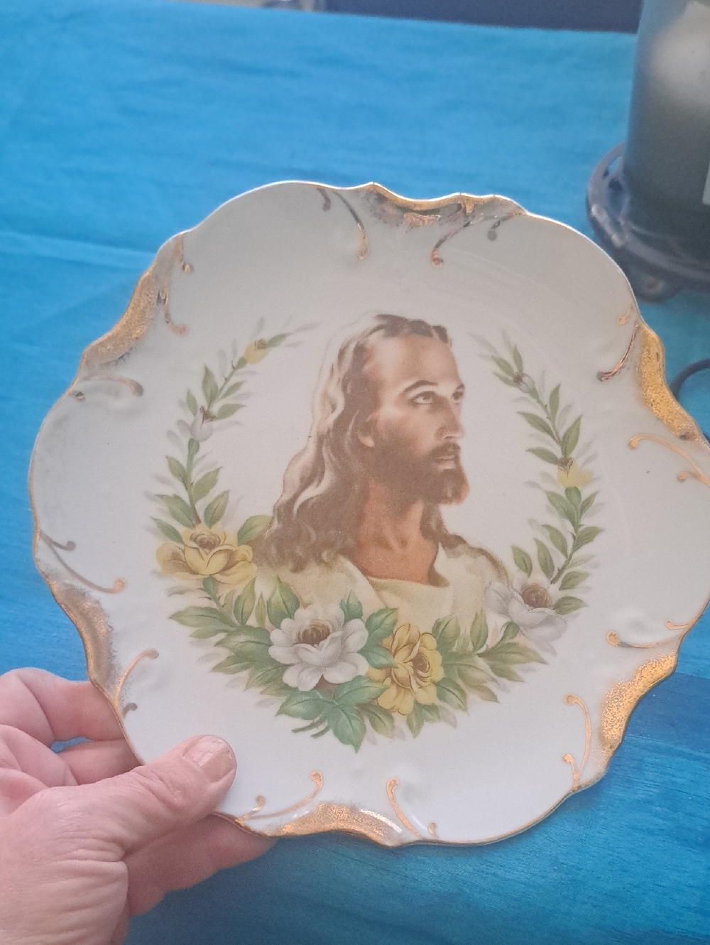 Vintage Decorative Religious Portrait Plate with Gold Trim